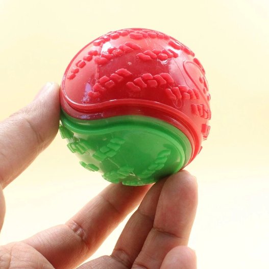 UNE MAIN QUI TIENT UNE Balle pour Chien DE COULEUR ROUGE ET VERTE